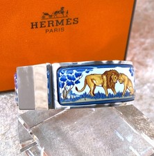 Vintage Hermes Clic Clac Bangle Bracelet Safari Lion Enamel Silver Size PM w/Box