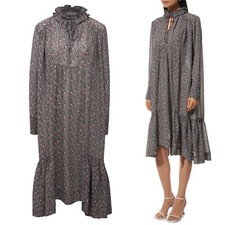 GANNI 8-10 Midi Dress Ruffled Crepe Floral Print Size 40/US Prairie Cottage Tent