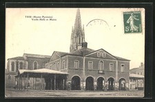 Old postcard sort, old trunk and town hall 