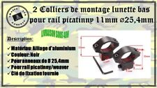 2 colliers de montage lunette bas picatinny 11mm diamètre 25,4mm