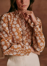 Sezane Mathilda Long Sleeve Women's Size 36/4 Shirt Brown Dark Ochre Embroidered