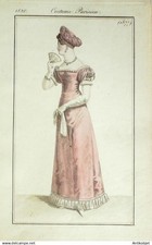 1820 Parisian Costume Engraving #1877 (Eau forte) Velvet Dress Beaded Fringes