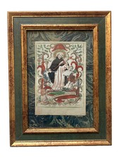 Cadre Image de Dévotion Réhaussée Peinte Canivet Saint Louis Bertrand XVIIIème