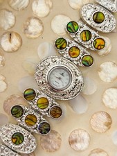 Women Vintage Cannes Silver Tone Watch With Natural Abalone Shell Accent Gift 