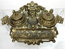 Antique Style Italian Ornate Cast Brass Figural Face Vintage Desk Double Inkwell