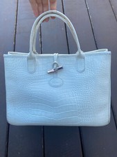 Sac à main Longchamp - En cuir blanc effet croco - Modèle Roseau taille M
