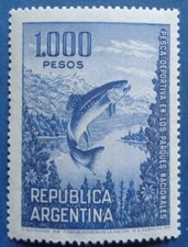 Argentine neuf, 1000p, pêche sportive dans les parcs nationaux, truite saumonée