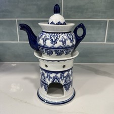 Bombay Teapot - Tisaniere with Warmer Stand - Cobalt & White Porcelain
