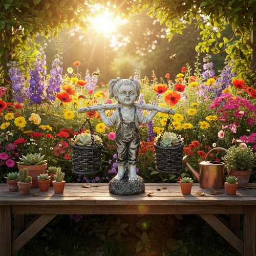 Statue fillette planteuse - fillette,