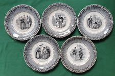 Faïence ancienne SARREGUEMINES XIX ème 5 Assiettes Parlantes "Les Grèves"