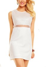 Robe Mini Blanche Femme Courte Sans Manches Col Rond Tulle Imprimé Léopard 021.