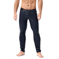 Pantalon legging noir classique pour hommes coupe mince en faux cuir PU