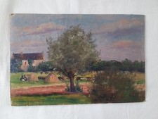 PEINTURE HUILE SUR BOIS - SCENE CAMPAGNE - FERME - VACHE - 1936
