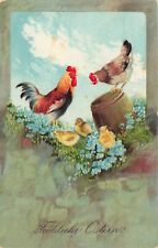 Joyeuses Pâques ! Coq Poule Poussin Fleurs Fût Paysage Carte Postale AK