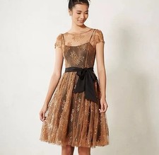 Anthropologie Moulinette Soeurs Honeyed Lace Dress Bronze Gold Copper Sz 0 Silk