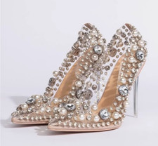 Womens Pointed Toe Stiletto Heels PVC Transparent Rhinestone Decort Casual Shoes