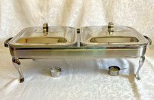 Gourmet Buffet 2 Section Covered Chafing Dish Stainless Steel with Glass Inserts