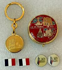 Lot 6 Souvenirs FRANCE 2008 Lapel pins Notre Dame Key Chain Chaise Dieu Pill Box