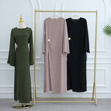 Eid Muslim Women Abaya Solid Round Neck Lace Up Maxi Robe Dress Dubai Simple
