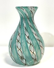 Vintage Italian Hand-Blown Latticino Ribbon Art Glass Murano Vase