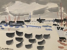 Belle Peinture gouache Michel Henry (1928 2016) Marine Bateau UK Angleterre 1960