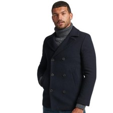 Superdry Court Wool Blend Pea Coat Size Large Navy Fitted Jacket RRP £130