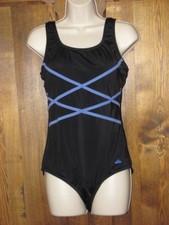 AQUABELLE CRISS CROSS MAILLOT Swimsuit Black with blue criss cross sz 18 EUC