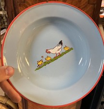 Assiette Émaillée Ancienne Poule Basse Cour Coq Dînette Enfant 1