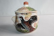 Earthenware lid pot iron earth, hunting decor, partridge, height 12 cm