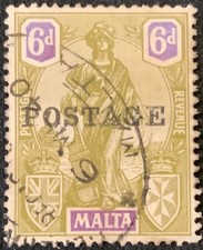 MALTA 1926 - FINE USED 6d STAMP - MELITA HOLDING RUDDER WITH 'POSTAGE' OVERPRINT