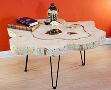 Table Basse En Bois Massif Ronde Blanche Avec Tranche D'Arbre
