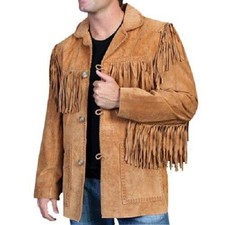 Manteau rétro western cowboy pompon vintage à franges en cuir daim marron...