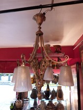 Art Déco Muller Frères Lustre Lunéville Bronze Nickelé 4 Feux Verre