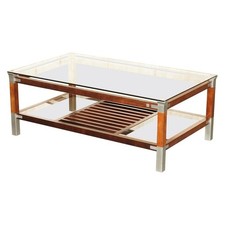 VERY LARGE VINTAGE PIERRE VANDEL PARIS MAHOGANY PEWTER & GLASS COFFEE TABLE