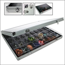 Aluminum display case with 45 boxes for collectibles.