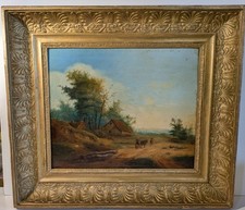 Antique 19th Century Country Landscape Painting Oil On Panel