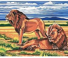 Kit canevas LIONS toile coton + aiguille + fils enfants broderie couture