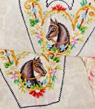 OLD PAIR OF EMBROIDERY horse head multicolored small stitch 19th century