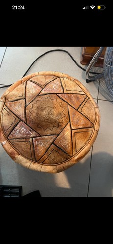 Pouf rond cuir marron - cuir, motif
