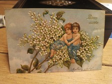 Old postcard fantasy wishes happiness children love gui embossed relief