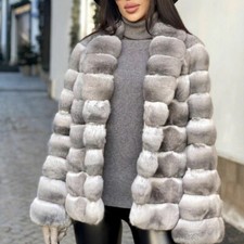Women's Real Rex Rabbit Fur Coat Winter Jacket Lapel Collar Chinchilla Print New