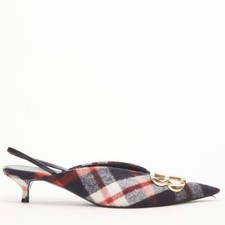 BALENCIAGA BB Knife gold logo red black plaid wool sling kitten pump EU38.5