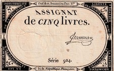 1793 FRANCE (FRENCH REVOLUTION) 5 LIVRES 'ASSIGNAT' BANKNOTE
