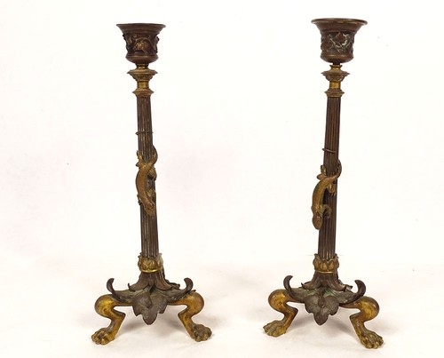 Paire bougeoirs bronze doré