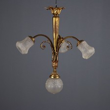 Lustre Ancien Bronze Doré 3 Lumières Italie du XXe Siècle Original