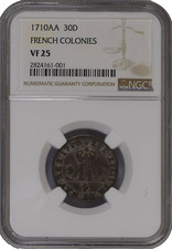 1710 AA FRENCH COLONIES 30 Deniers-Mousquetaire Billon Coin Metz Mint NGC VF-25
