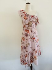 Piper One Shoulder Midi Dress Size 10 Pink Floral Broderie Anglaise Cotton Frill