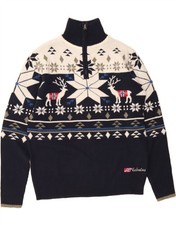 NEBULUS Mens Zip Neck Jumper Sweater Medium Navy Blue Fair Isle Acrylic HJ09