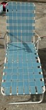 Vtg Adult Metal Webbed Folding Beach Lawn Chair Chaise Lounge Blue&white