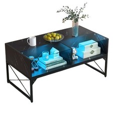 Table Basse Plateau Faux Marbre Table D'appoint Haute Brillance Verre Trempé LED